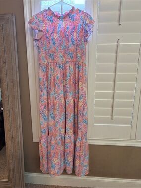Simply Southern Pink Tropical Print Maxi Dress with Blue and Yellow Accents